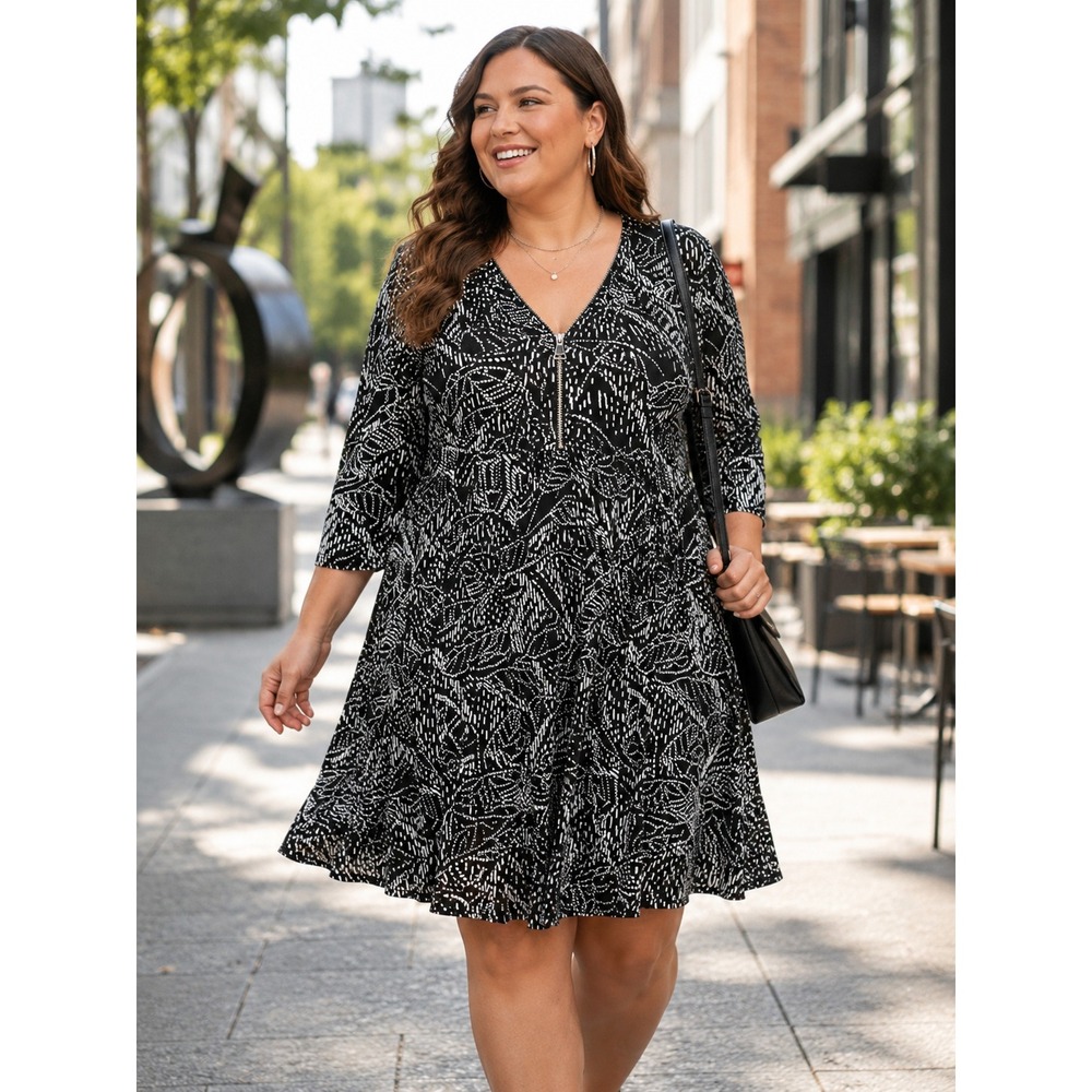 Sami & Jo Plus Black White Abstract Print Zipper V Front Fit & Flare Dress 2X
